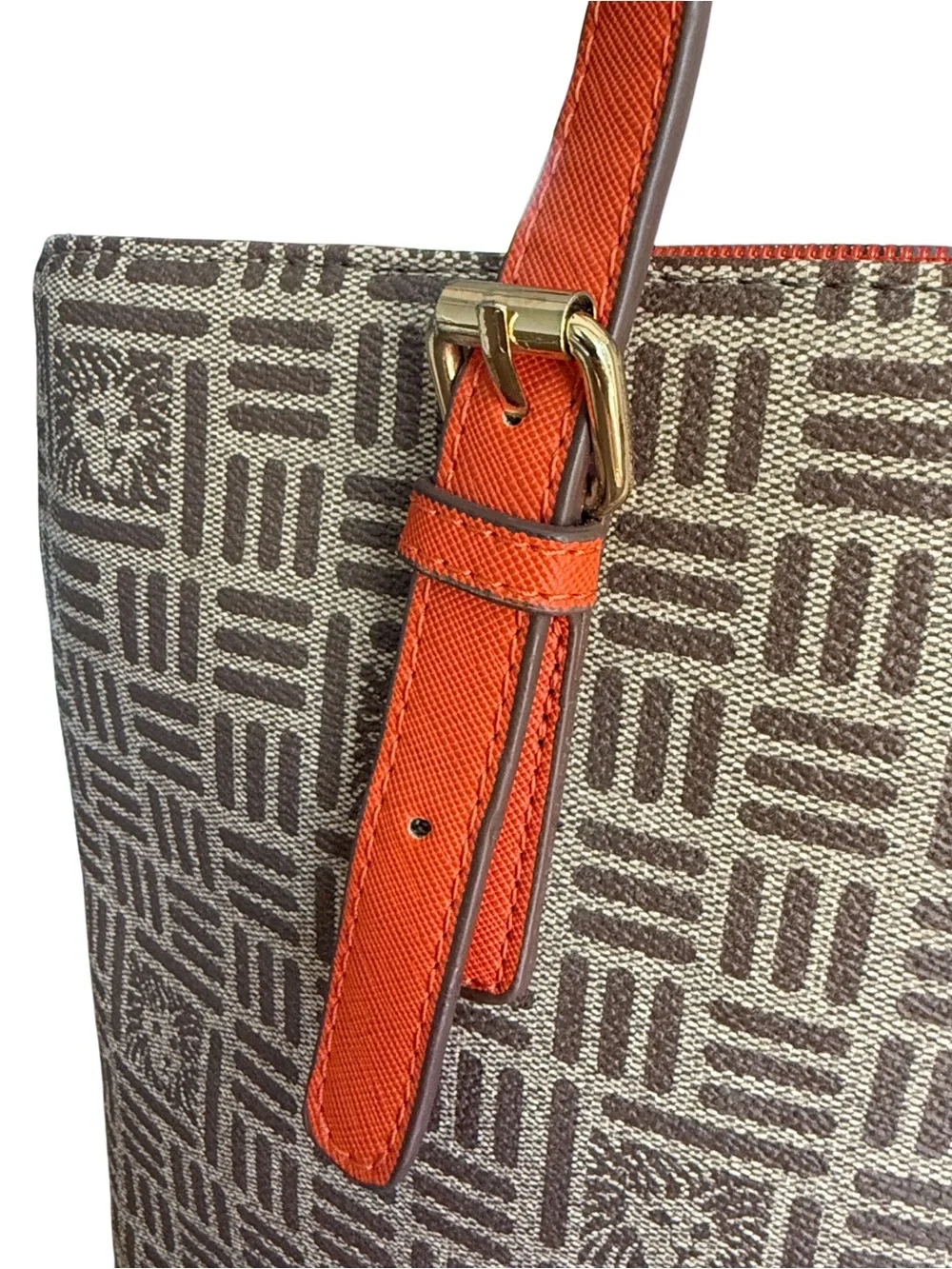 Anne Klein Brown Logo Monogram Tote Bag Orange Trim Shoulder Purse